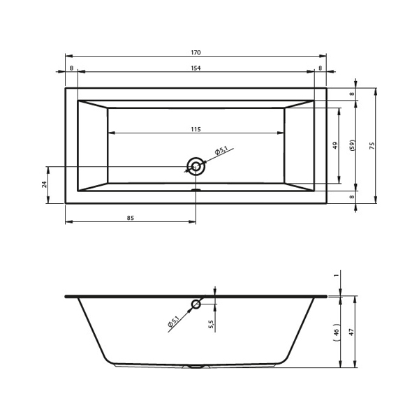Акриловая ванна RIHO Lugo Velvet 170х75 белая матовая