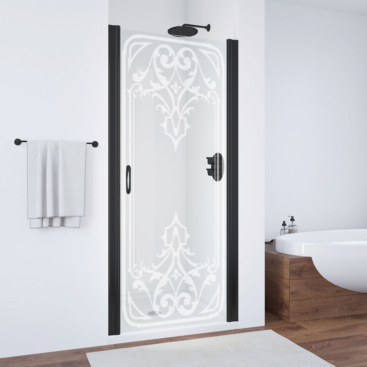 Дверь в нишу VEGAS GLASS EP Novo 70x190 профиль черный матовый, стекло прозрачные с рисунком