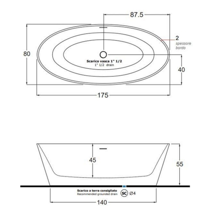 Ванна GRUPPO TREESSE Alma 175x80 со скрытым переливом