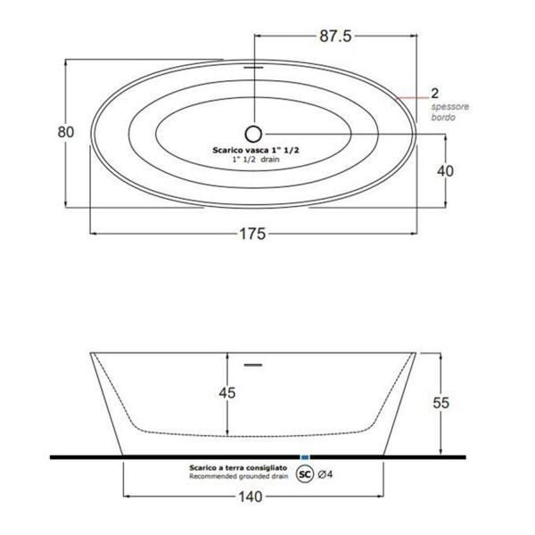 Ванна GRUPPO TREESSE Alma 175x80 со скрытым переливом