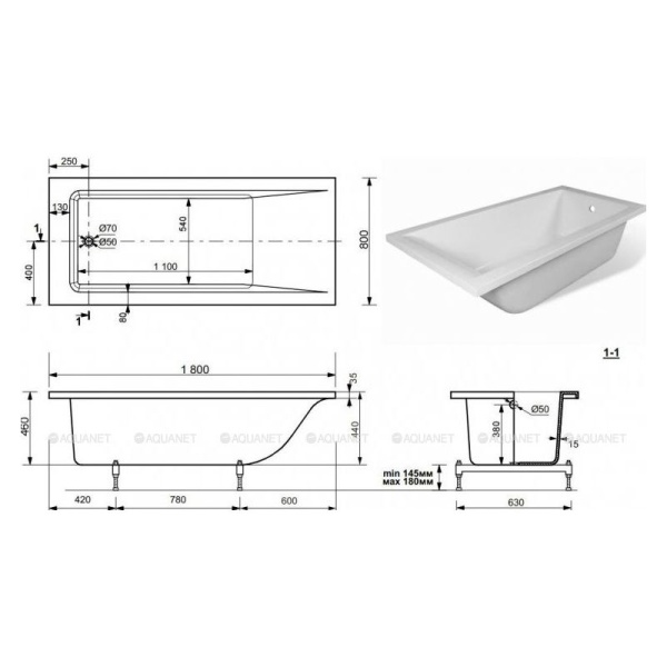 Ванна AQUANET Bright Stone 180x80
