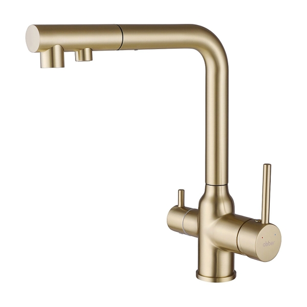 Смеситель для кухни ABBER Emotion с подключением фильтра и выдвижной лейкой AF8814G золото матовое