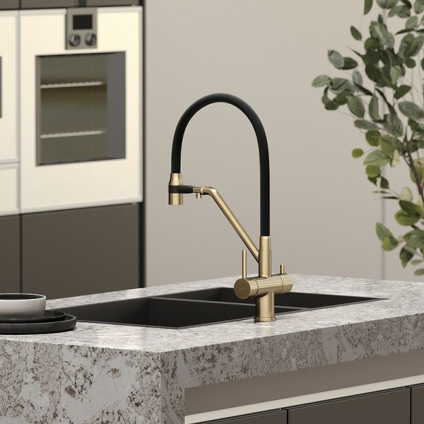 Смеситель для кухни SANCOS Dora с гибким изливом и подключ. фильтра SC4003BG золото брашированное