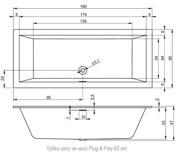 Акриловая ванна RIHO Rething Cubic Plug & Play 190x80 заполнение через перелив
