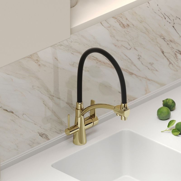 Смеситель для кухни SANCOS Eri с гибким изливом и подключ. фильтра SC4001ZG золото полированное