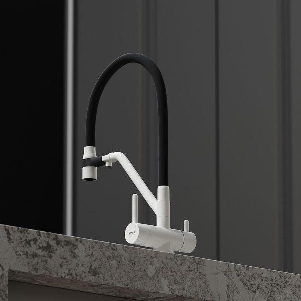 Смеситель для кухни SANCOS Dora с гибким изливом и подключ. фильтра SC4003GR белый гранит