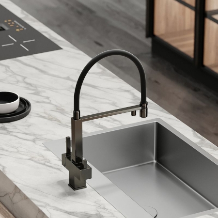 Смеситель для кухни SANCOS Moro с гибким изливом и подключ. фильтра SC4006GG вороненая сталь