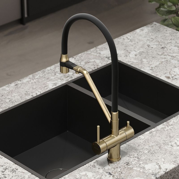 Смеситель для кухни SANCOS Dora с гибким изливом и подключ. фильтра SC4003BG золото брашированное