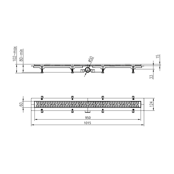 Дренажный канал MCH Klasik/Floor CH 950/50 KN TI1 с бок. сливом и нерж. рамкой, D50 gun metal
