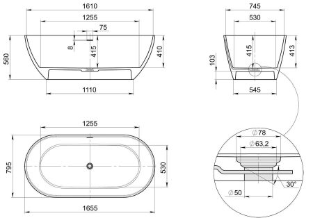 Ванна RADOSTONE Roberta 165x80 олива матовый