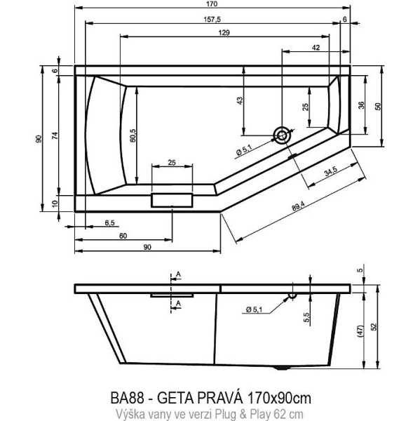 Акриловая ванна RIHO Geta Plug & Play 170х90 R