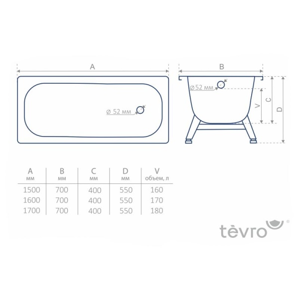 Ванна стальная TEVRO 150x70