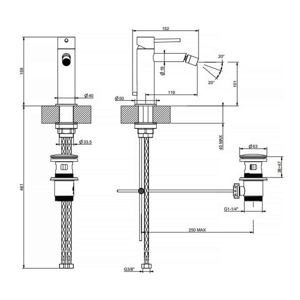 Смеситель для биде GESSI 316 с донным клапаном 54007#727 латунь матовая
