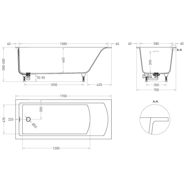 Ванна SALINI Cascata Kit S-Sense 170x70 матовая
