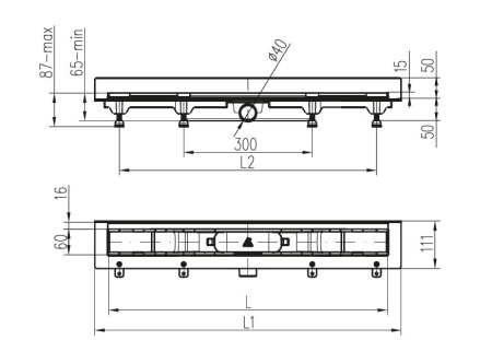 Дренажный канал MCH Medium CH 750 M2 с решеткой и бок. сливом для монтажа к стене, D40