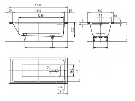 Стальная ванна KALDEWEI Puro мод. 691, 170х80 Easy Clean