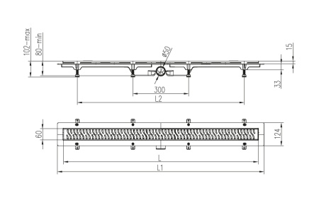 Дренажный канал MCH Square CH 750/50 SN с решеткой, бок. сливом и нерж. рамкой, D50