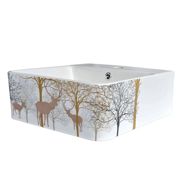 Раковина BRONZE DE LUXE Golden Deer 42 белая с рисунком