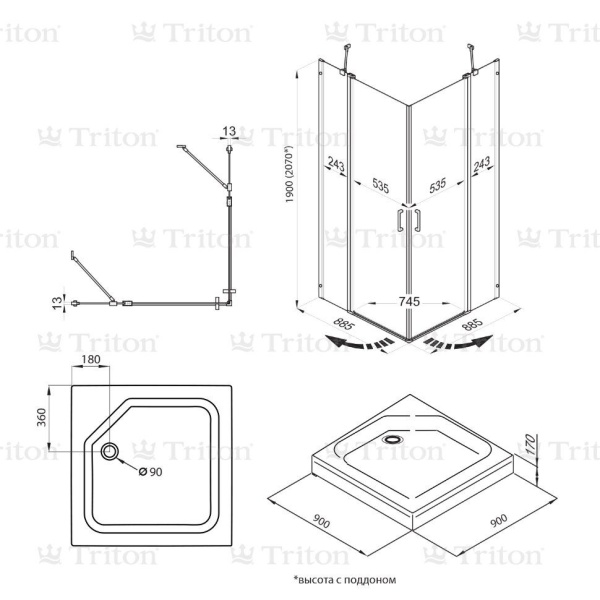 Душевое ограждение TRITON Тау 90x90x207 профиль черный