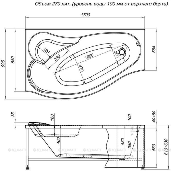Панель фронтальная для ванн AQUANET Palma 170 L черная