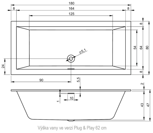 Акриловая ванна RIHO Rething Cubic Plug & Play 180x80 заполнение через перелив