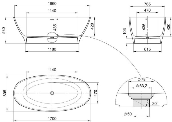 Ванна RADOSTONE Adriana 170x80 крем матовый