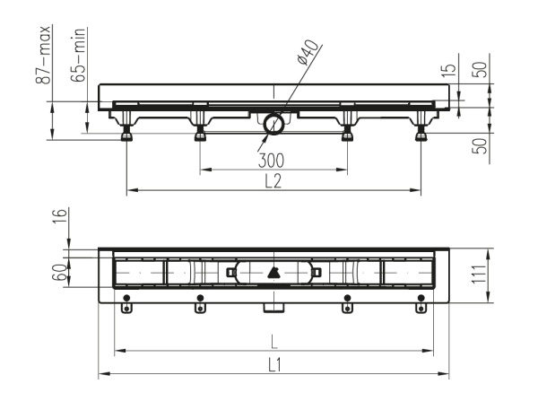 Дренажный канал MCH Klasik/Floor CH 650 KN2 с решеткой, бок.сливом, нерж.рамкой, монтаж к стене, D40