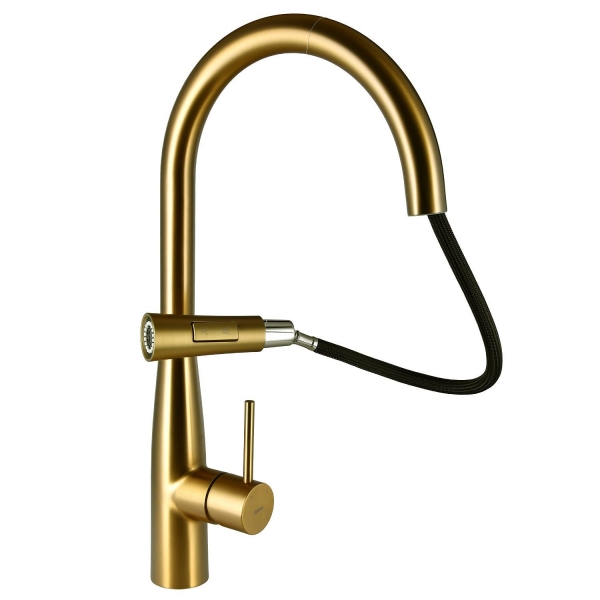 Смеситель для кухни RAIBER Graceful с вытягивающимся поворотным изливом RPG-011 золото матовое