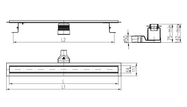 Дренажный канал MCH Square CH N 1050 S с решеткой, бок. сливом и пласт. сифоном, D50