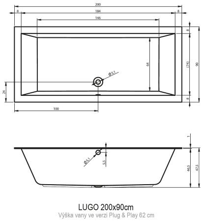 Акриловая ванна RIHO Lugo Plug & Play 200х90 L