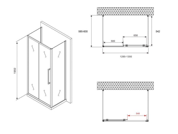 Душевое ограждение ABBER Schwarzer Diamant AG30130MH-S60M-S60M 130x60x195 стекло матовое