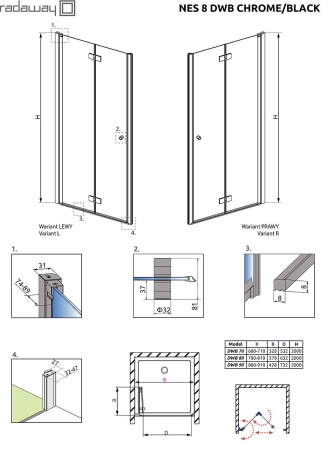Дверь в нишу RADAWAY Nes 8 Black DWB L 90x200