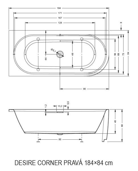 Акриловая ванна RIHO Desire L 180х84