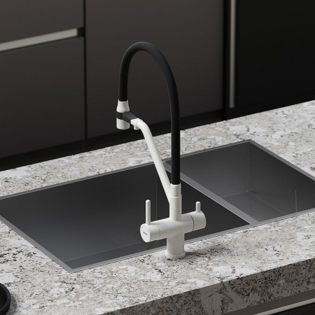 Смеситель для кухни SANCOS Dora с гибким изливом и подключ. фильтра SC4003GR белый гранит