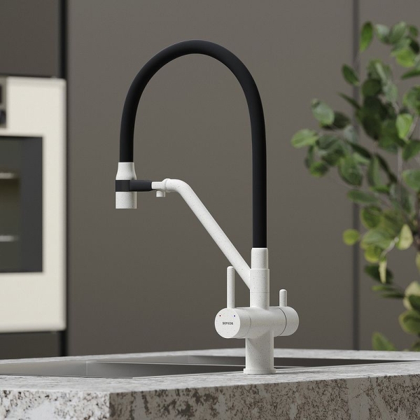 Смеситель для кухни SANCOS Dora с гибким изливом и подключ. фильтра SC4003GR белый гранит