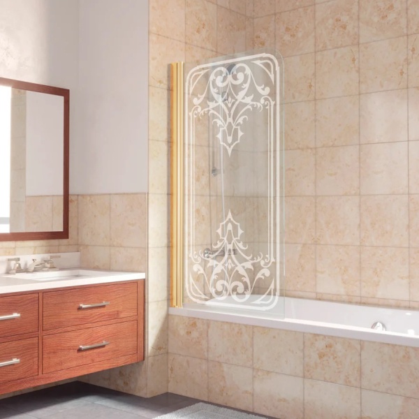 Шторка для ванны VEGAS GLASS EV Novo 76x140 профиль золото матовое, стекло прозрачное с рисунок