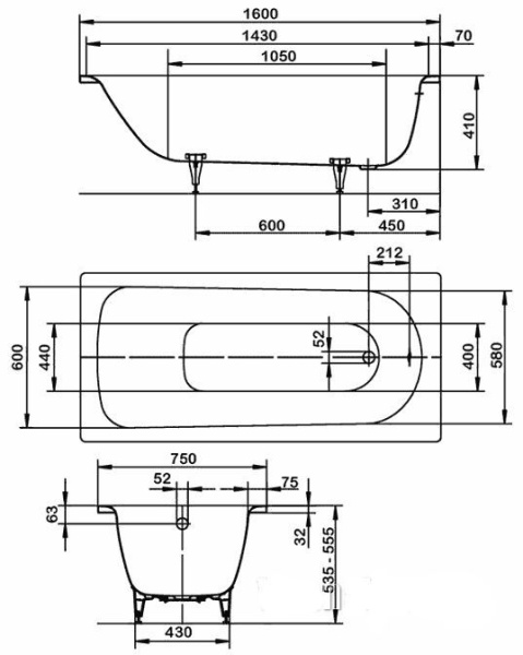 Стальная ванна KALDEWEI Saniform Plus Мод.372-1 160х75 белый