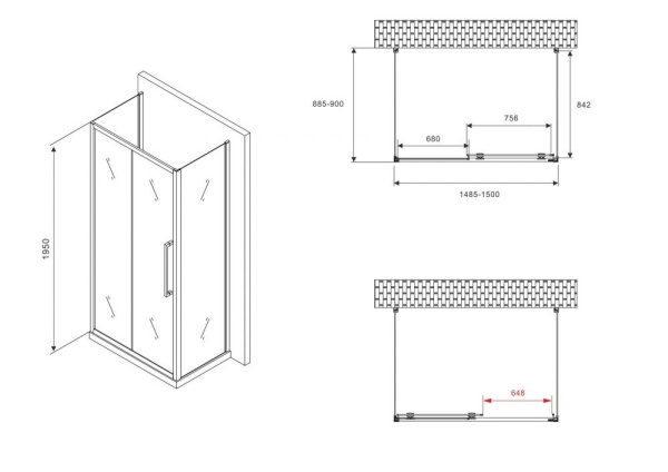 Душевое ограждение ABBER Schwarzer Diamant AG30150BMH-S90BM-S90BM 150x90x195 стекло матовое