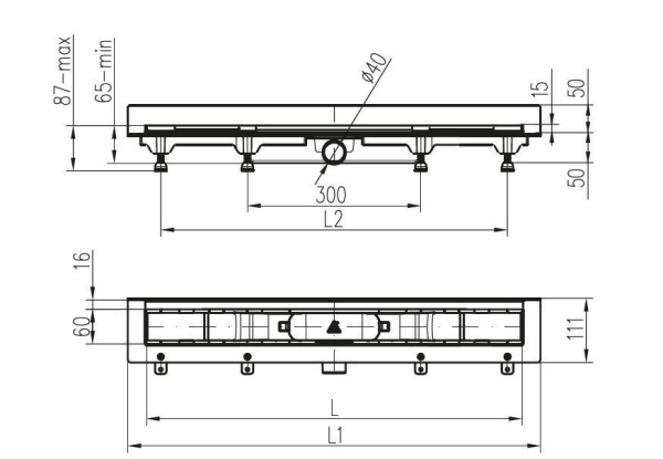 Дренажный канал MCH Line CH 450 LC2 с решеткой и бок. сливом для монтажа к стене, D40