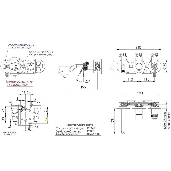 Смеситель для ванны и душа REMER Atelier AL54D3P