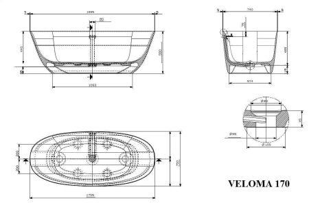 Ванна PLUMBERIA Veloma 170х75 биколор белый/черный матовый