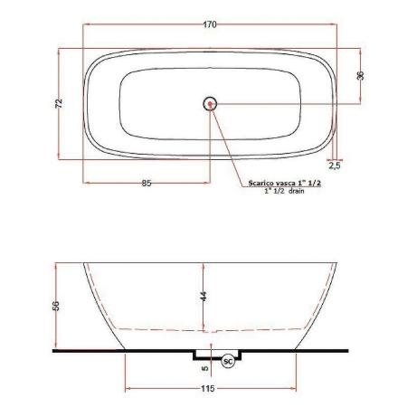 Ванна GRUPPO TREESSE Brio 170x72 со скрытым переливом матовая