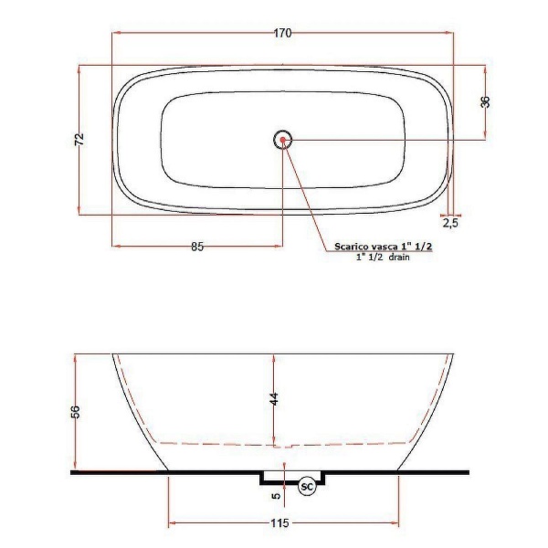 Ванна GRUPPO TREESSE Brio 170x72 со скрытым переливом матовая