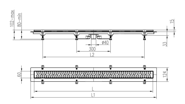 Дренажный канал MCH Klasik/Floor CH 750/S40 KN с решеткой, ниж. сливом и нерж. рамкой, D40