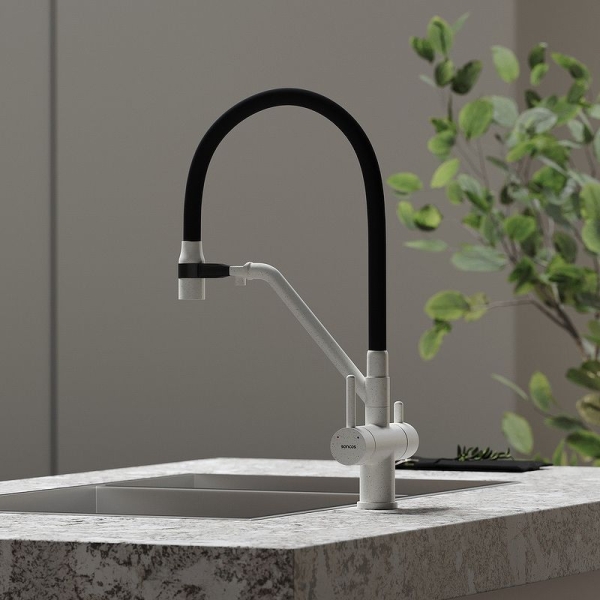 Смеситель для кухни SANCOS Dora с гибким изливом и подключ. фильтра SC4003GR белый гранит