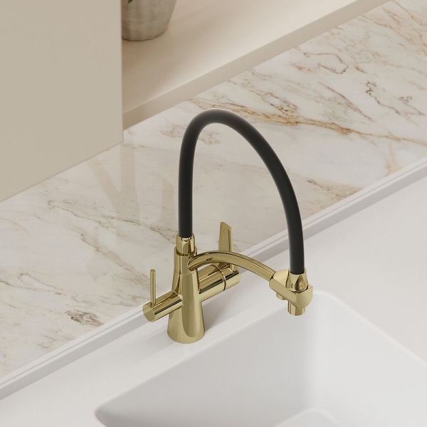 Смеситель для кухни SANCOS Eri с гибким изливом и подключ. фильтра SC4001ZG золото полированное